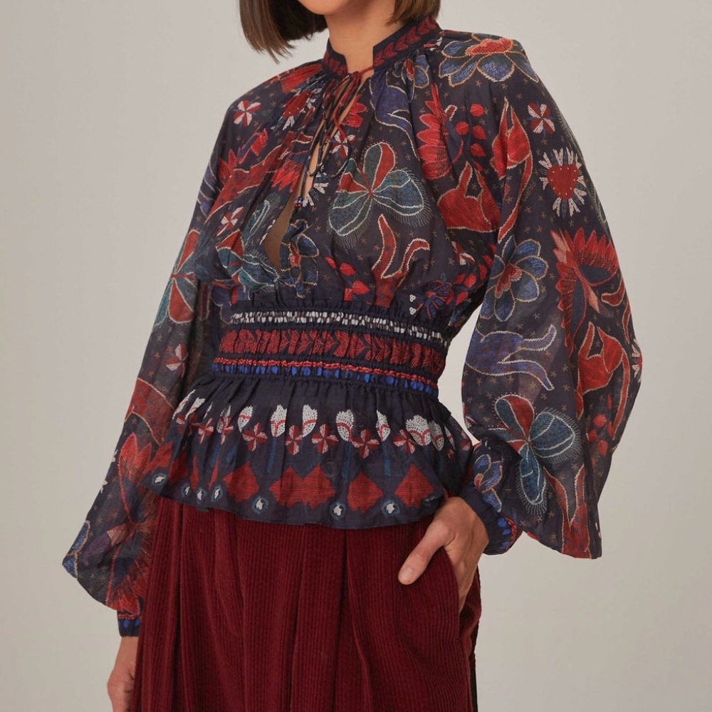Farm Rio Tropical Shine Women's Floral Top - Red and Blue Size Large - Picture 5 of 5